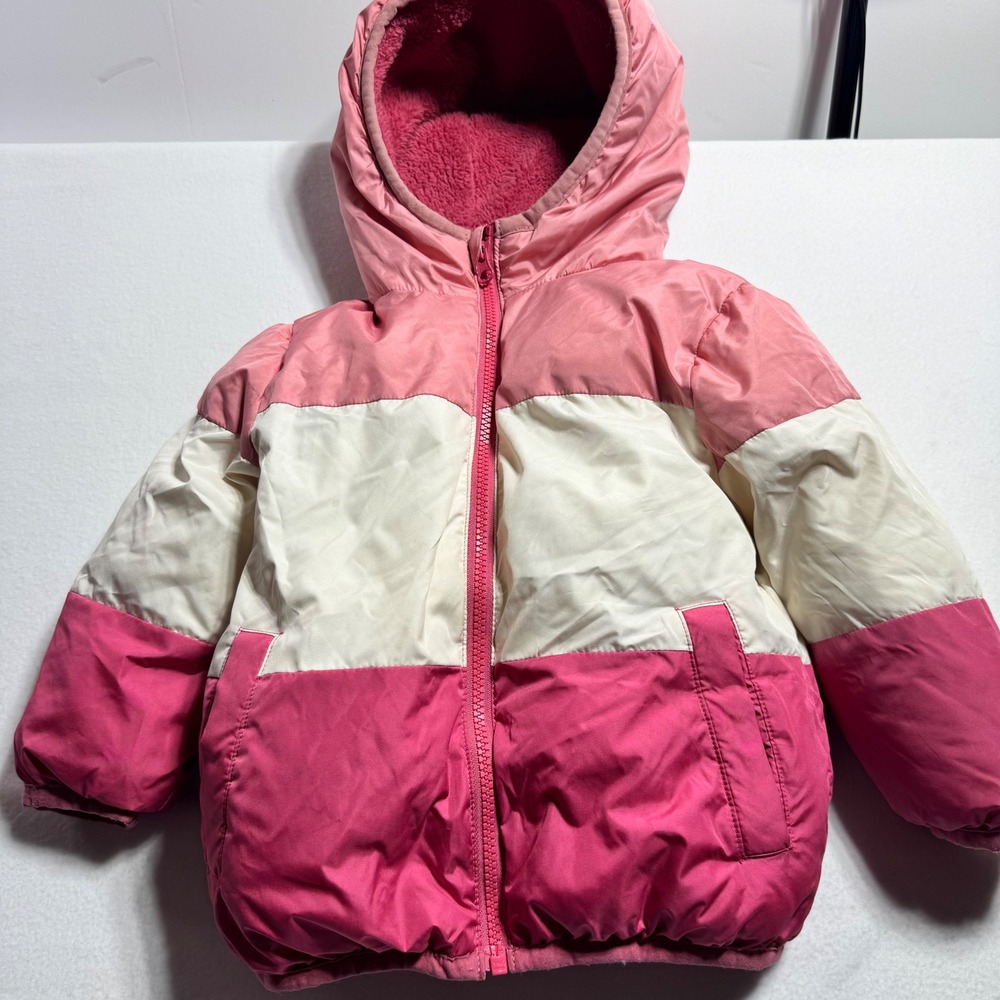 Swiss Tech Puffer Jacket 3T Pink White Colorblock Fleece Line Hooded Winter Coat